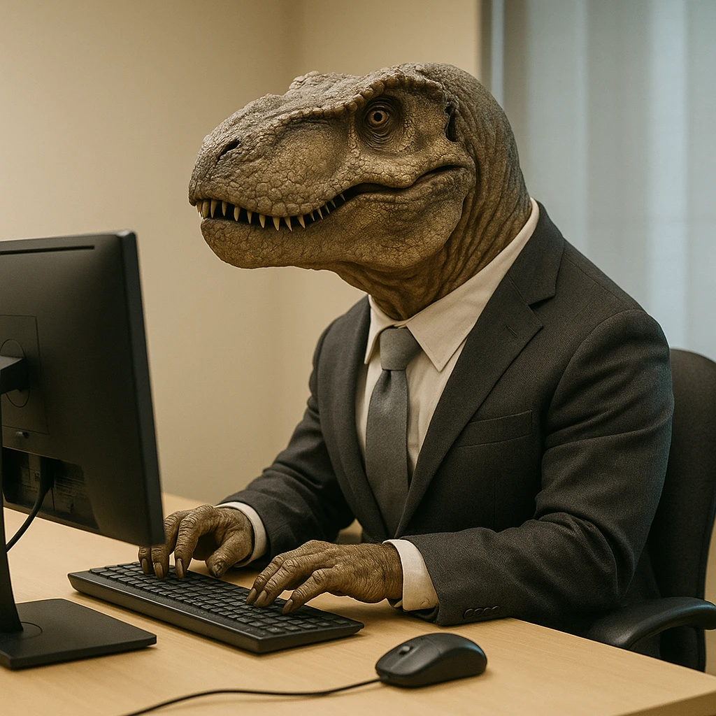 realistic dinosaur sitting on a chair, wearing a suit, using an office computer emoji