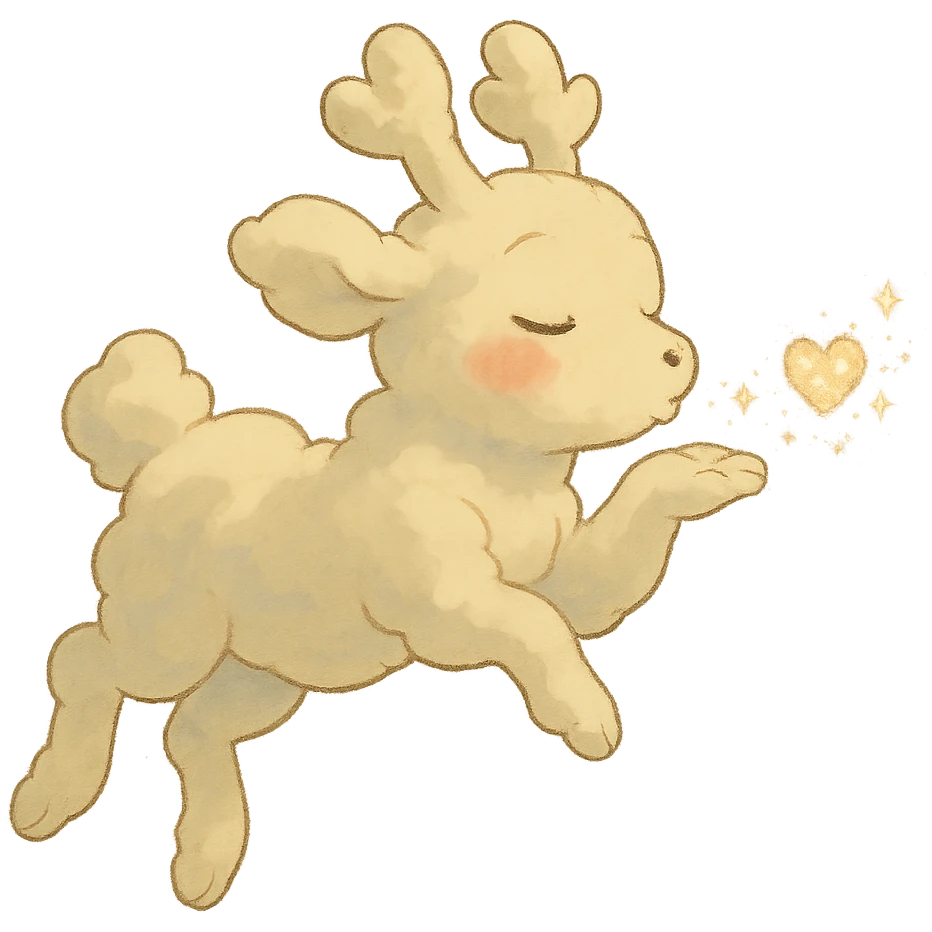 vanilla cloud doe with rosy cheeks, floating in the air, blowing a sparkling kiss, soft ghibli style emoji