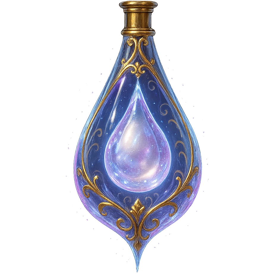 premium class crystal elixir bottle in tear shape, transparent with pearlescent tear-shaped filling inside, lots of glowing, edges, ornaments, golden details, magical effects, very small golden neck, transparent background, beautiful merging bottom, clearly hanging in the air, no base or shadow, very luxurious, subtle, matching a collection emoji