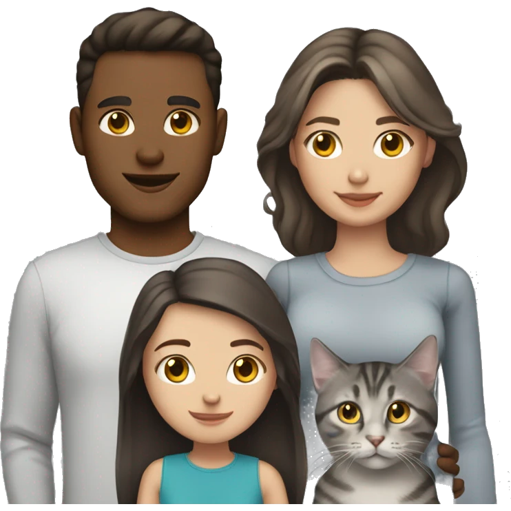 a brunette guy and a girl with light skin and a gray tabby cat between them emoji