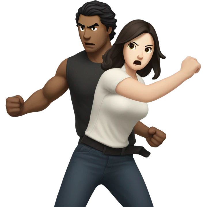 A pale half Asian man with short dark hair fighting a white woman with long wavy brunette hair emoji