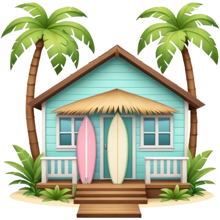 Hawaiian bungalow house, pastel colors, wooden porch, surfboard leaning on wall, palm leaves, tropical vibe, cute mobile game icon style, 3D cartoon, clean background, no text
 emoji