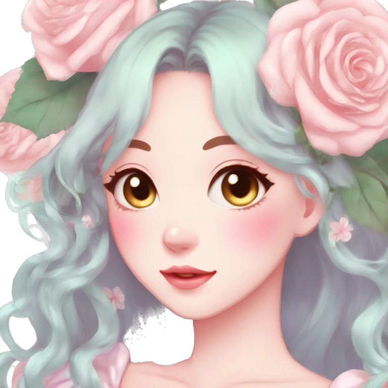 Gorgeous pastel anime style lady with blushing face and roses cottagecore fairycore pastelcore shiny colorful pearly aesthetic trending style emoji