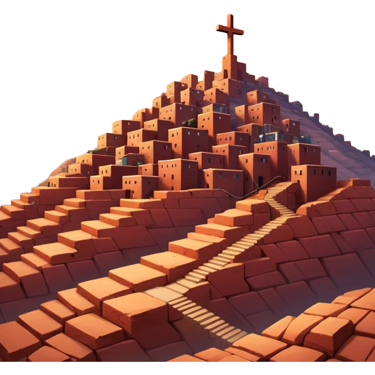Urban Peruvian hillside neighborhood, brick houses stacked on steep hills of the desert, unfinished red brick buildings,, narrow stairways, electric cables crossing the sky, sunset lighting, realistic style, cinematic, high detail in the desert, cross monument at the top emoji