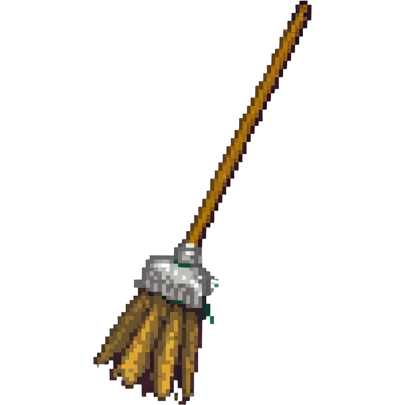worn-out broom (vasoura), broken bristles, muted palette, nostalgic video game style emoji