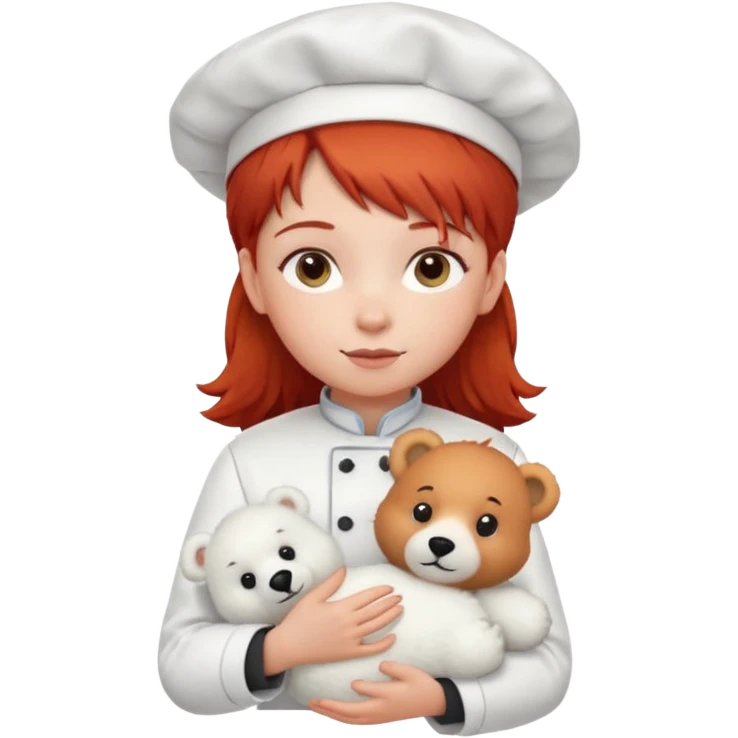girl kid italian chef, red haired, uniform, holding plush polar bear emoji