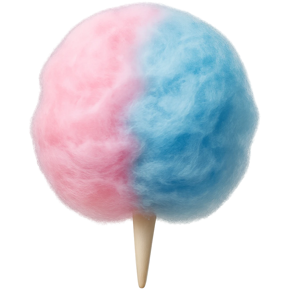 Close-up of pink and blue cotton candy isolated on a white background, realistic food photography style, emphasizing fluffy texture and vibrant colors. emoji