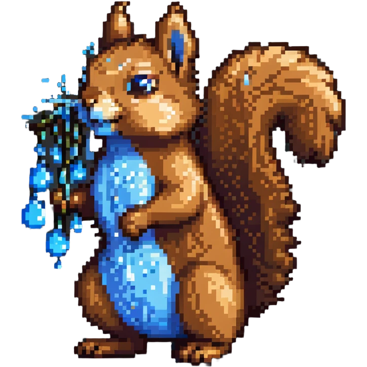 Pixel art squirrel with distinct brown fur, bushy tail, and obvious blue drool dripping from mouth in multiple pixel droplets emoji