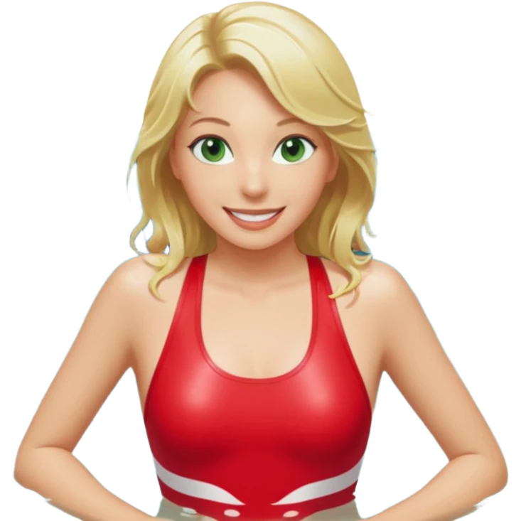 Blonde Woman, Green eyes,Red onepiece, Background Indoor pool emoji
