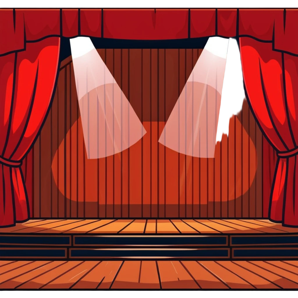 dramatic theater stage with red curtains drawn to sides, wooden planks, and bright spotlight in middle emoji