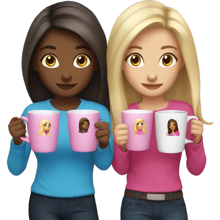 Two sister one is blondie one is brunette and they hold blue and pink coffee mugs emoji