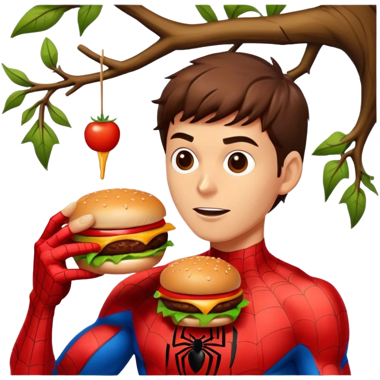 spider man eating burger with hanging tree emoji
