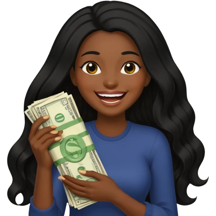 laughing dark long haired woman holding lots of money emoji