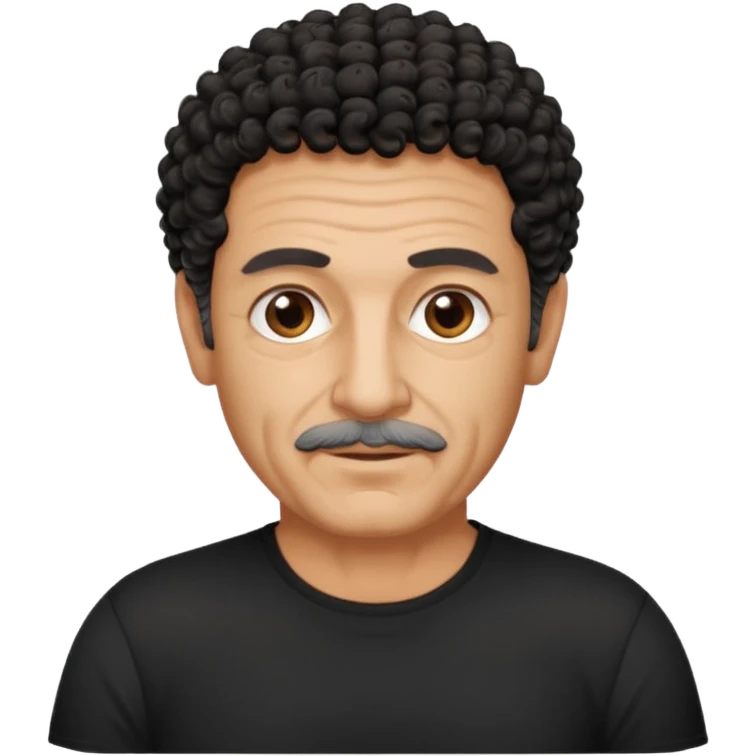 60 year old Greek man with short black curly hair that sticks up and has a black shirt emoji