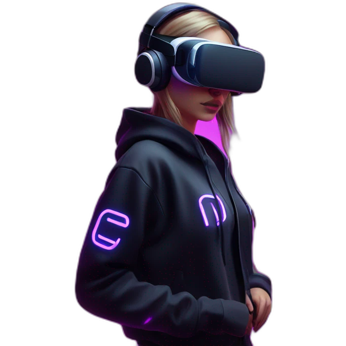 Russian girl wearing a black hoodie with "OMG" letters on it and VR headset in a cyberpunk VR environment with violet neon lighting. emoji