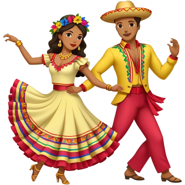 Colombian salsa dancers with colorful traditional outfits, dancing energetically with festive poses emoji
