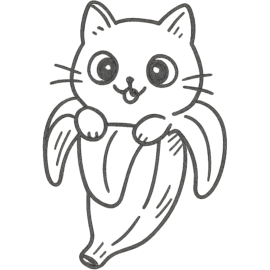 Make the hand-drawn outlined banana cat icon cuter, with bigger eyes and a playful expression emoji