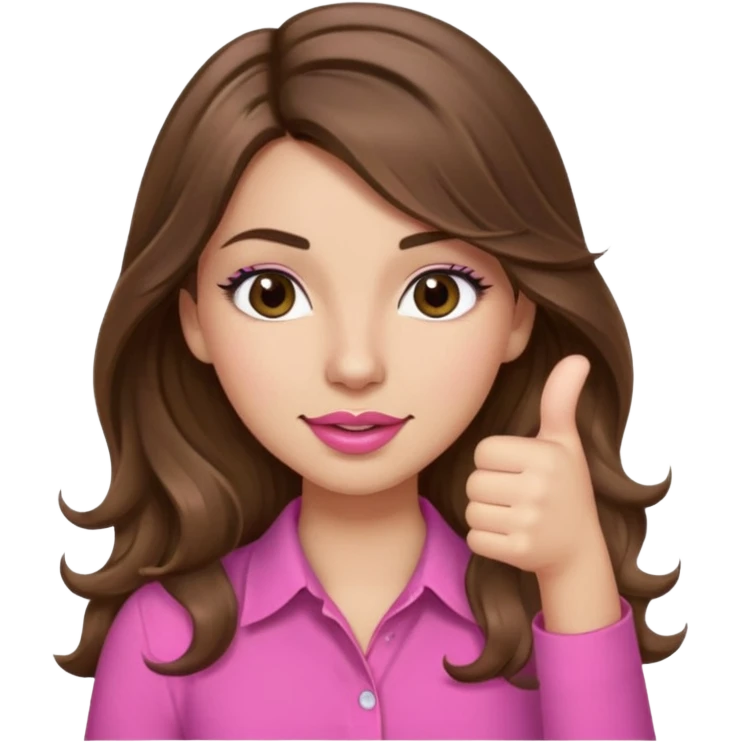 girl with long wavy brown hair, brown eyes, light to medium complexion, in a pink shirt, pink lips, long lashes, puckered lips, thumbs up emoji