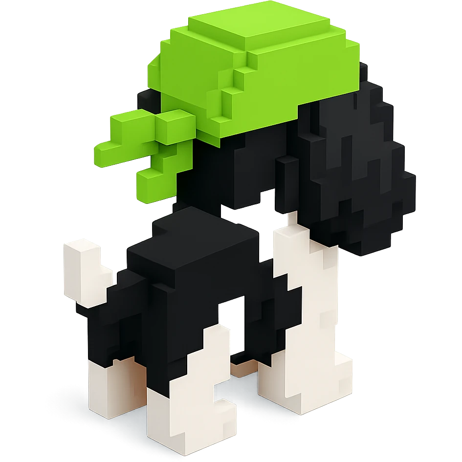 A black and white Russian Cocker Spaniel puppy wearing a green durag, facing backward emoji
