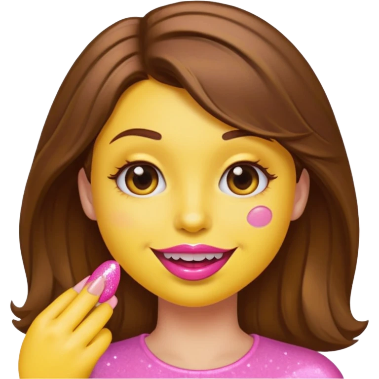 Yellow emoji with brown hair and feminine that is seductively, biting pink acrylic nail with pink sparkly lip gloss smirking with a dimple on the right emoji