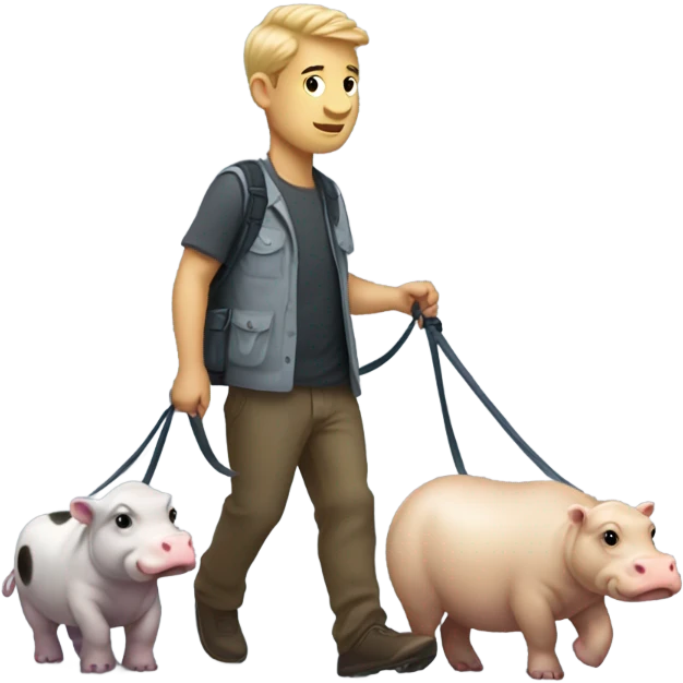 Man walking a bunch of moo dangs the Pygmy hippo by leash emoji
