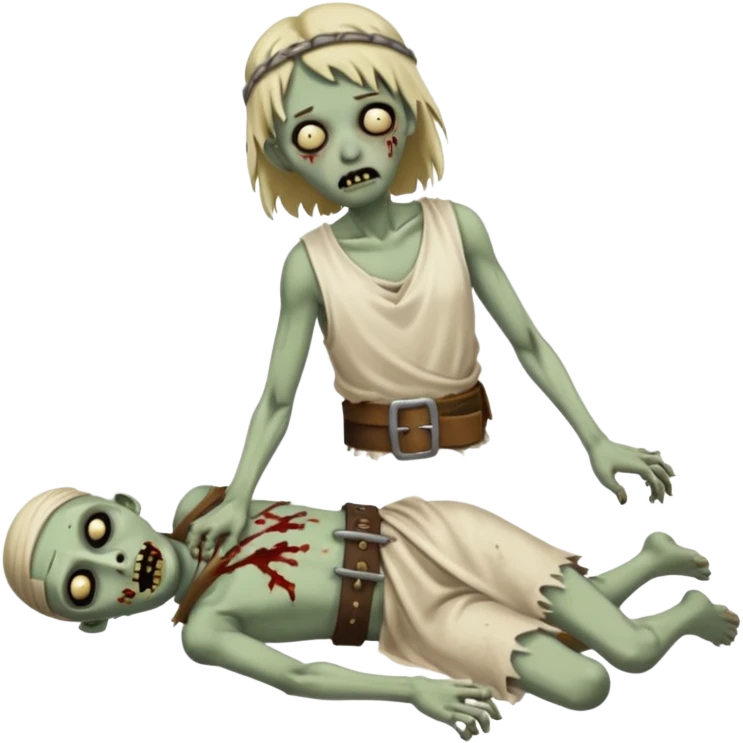 fullbody zombie leper laying on the ground, missing a foot, ragged tunic, cloth belt emoji