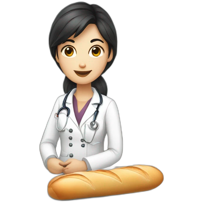 dark hair doctor girl eating french baguette emoji