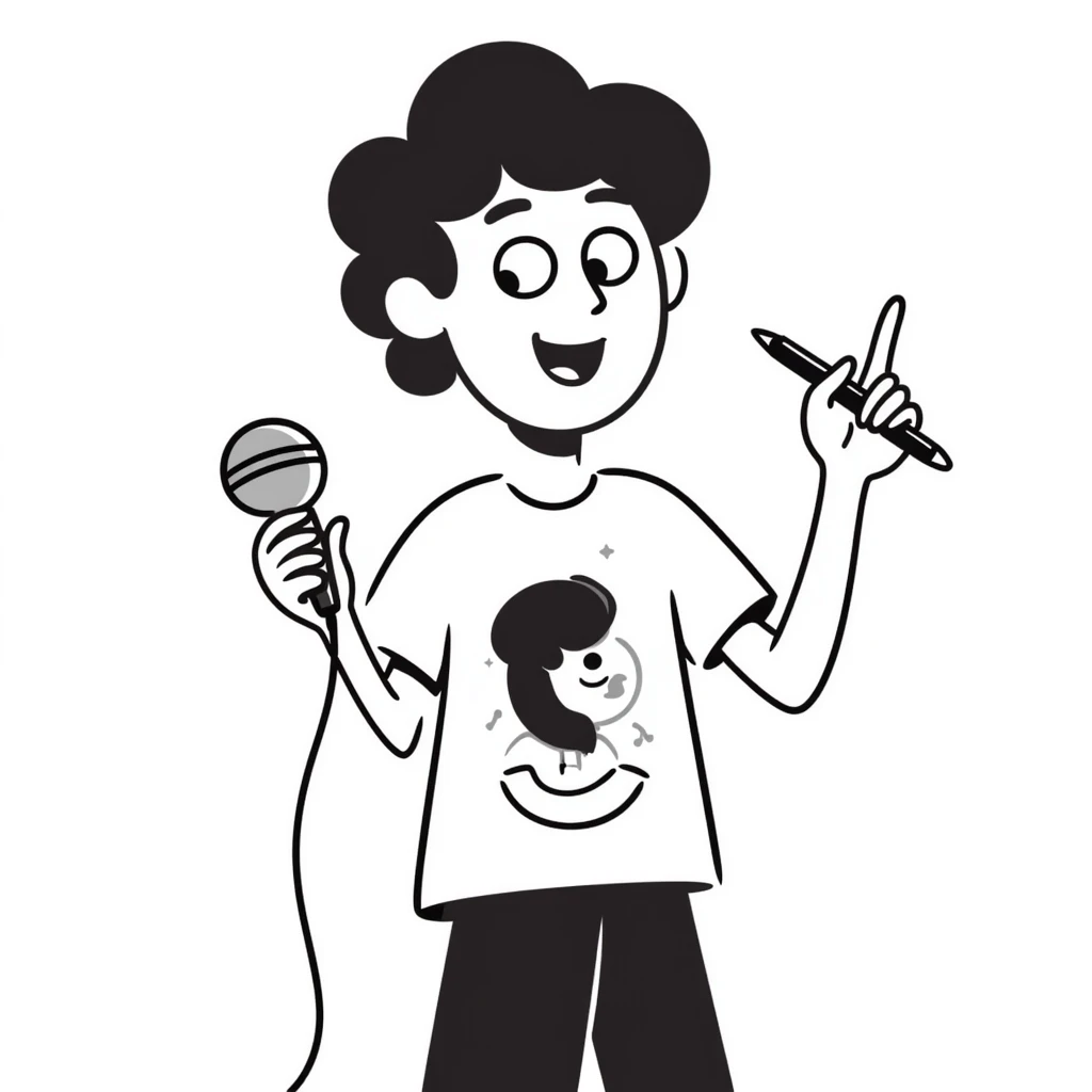 enthusiastic musician with wide smile holding microphone and pen, energetic expression emoji