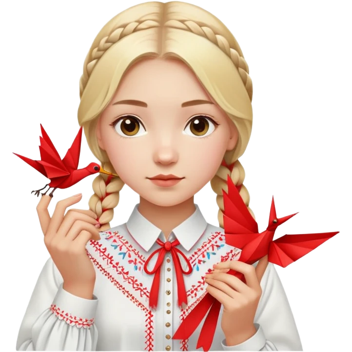 Ukrainian young girl with blonde braided hair wearing a white traditional embroidered shirt (vyshyvanka) holding a red origami paper crane in her hands emoji