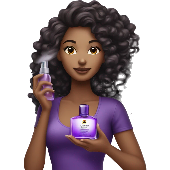 Beautiful refined black woman with curly hair posing with her perfume that is ergonomic, purple-colored ombre bottle, and a black cap and sprayer.  emoji