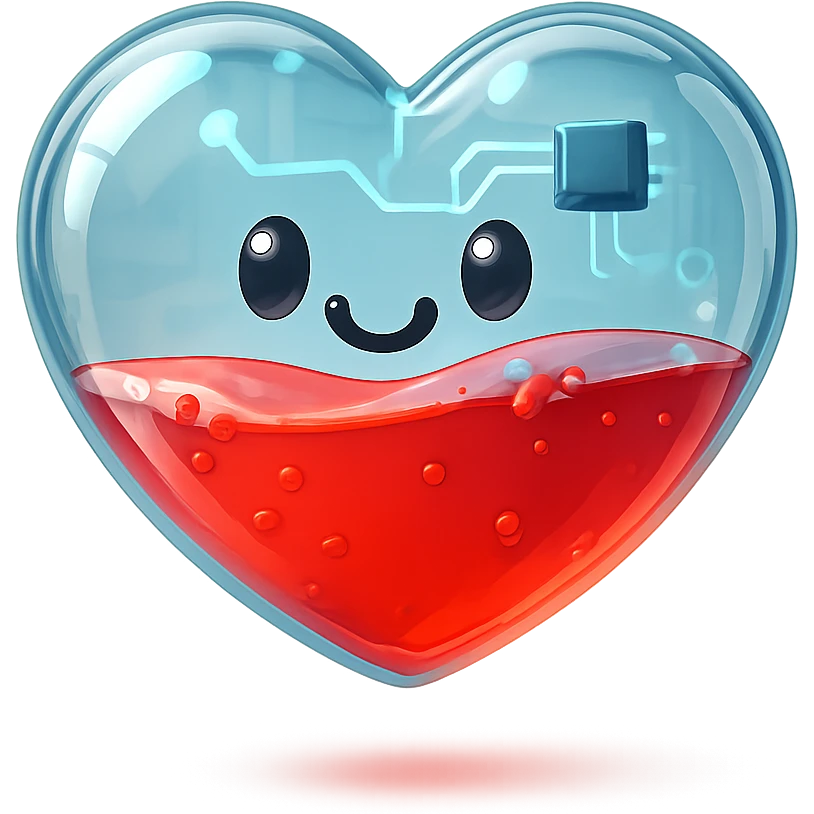 cute cartoon heart, glassy look, half full of bright red liquid, playful and colorful emoji