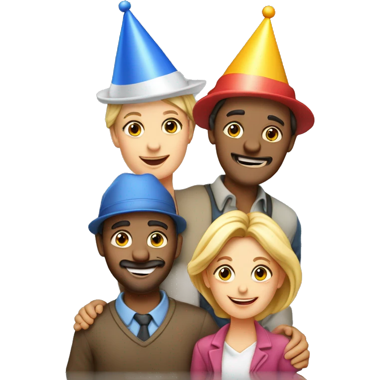 European company of 4 people (mom dad and 2 kids) celebrate birthday in birthday hats emoji