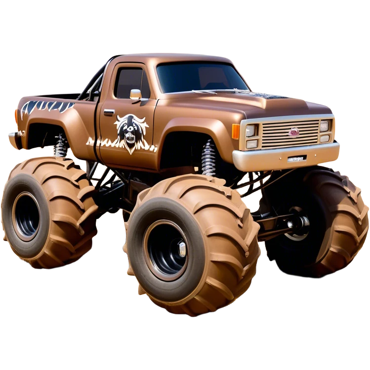 Monster Mutt - Monster Jam (Model Year: 2021) (Iconic colour: Brown with dog features) - A unique monster truck with playful, dog-inspired design cues. The vehicle is painted in warm brown tones and features subtle dog motifs (such as a stylized snout or ear shapes). It should blend the rugged power of a monster truck with quirky, endearing canine features. emoji
