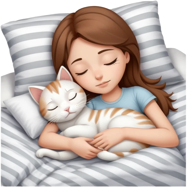 side view brown haired teenage girl sleeping with white cat that has grey stripes on a white pillow with white sheets emoji