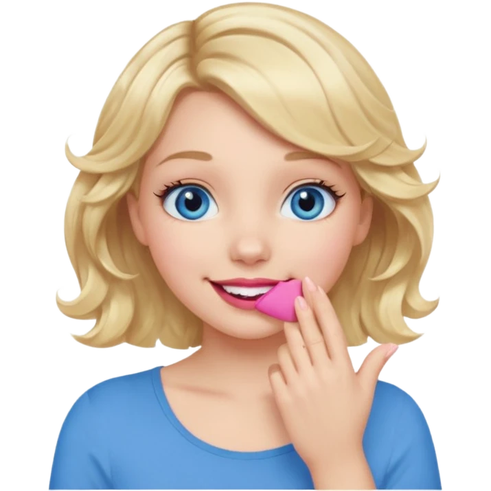 Girl Blonde short wavy hair,  blue eyes, cute blue top, long lashes, pink lips, smiling, hand covering the mouth emoji