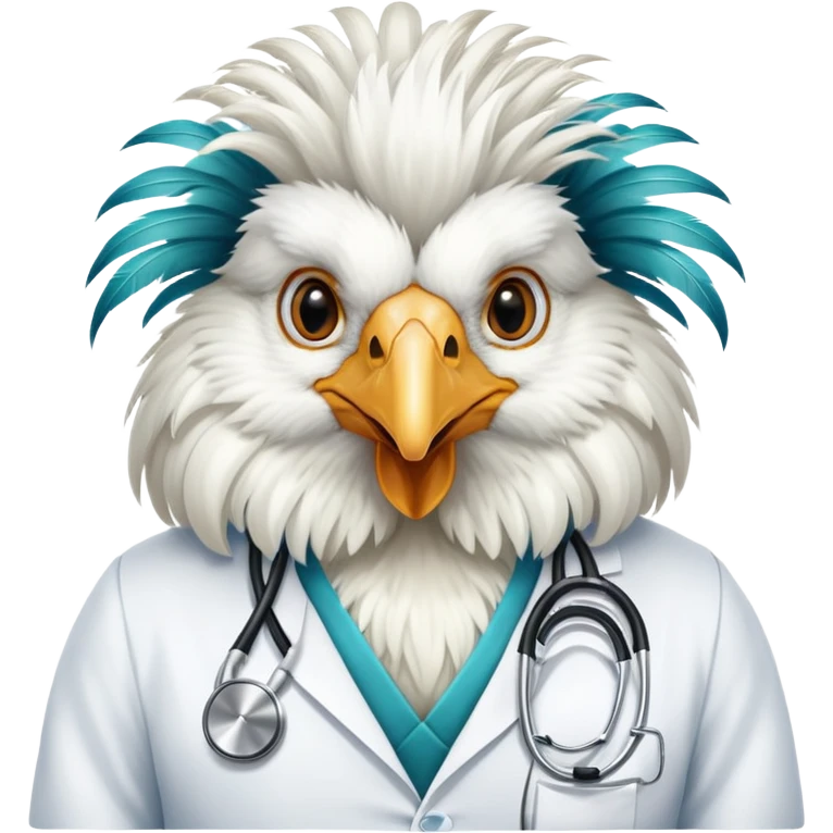 A White Silkie Bantam rooster wearing a doctor's stethoscope. The head feathers look like a large, fluffy wig. emoji