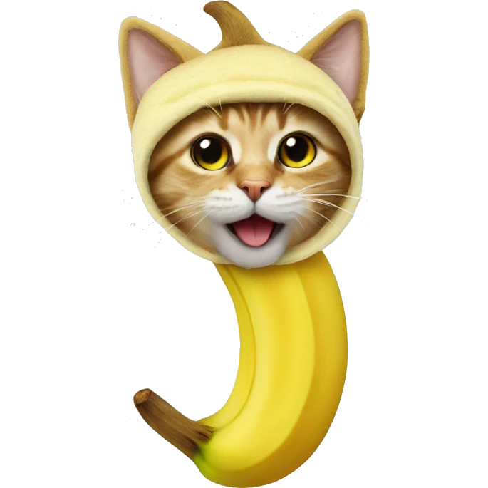 A cat wearing a real banana costume , banana need to in the banana shape emoji