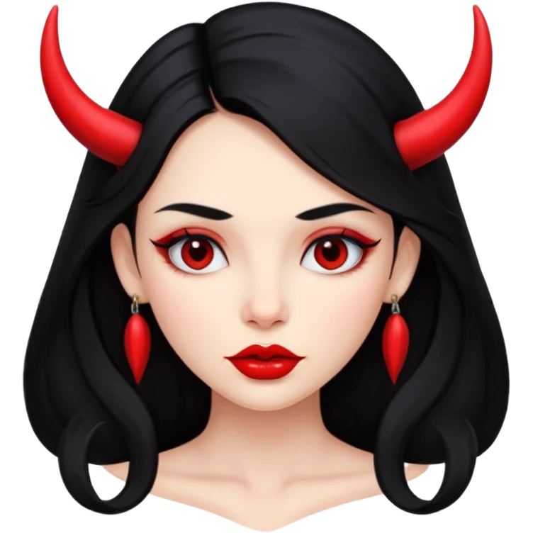 A girl's face with cheekbones, skin red, long black hair, small red horns, big lips emoji