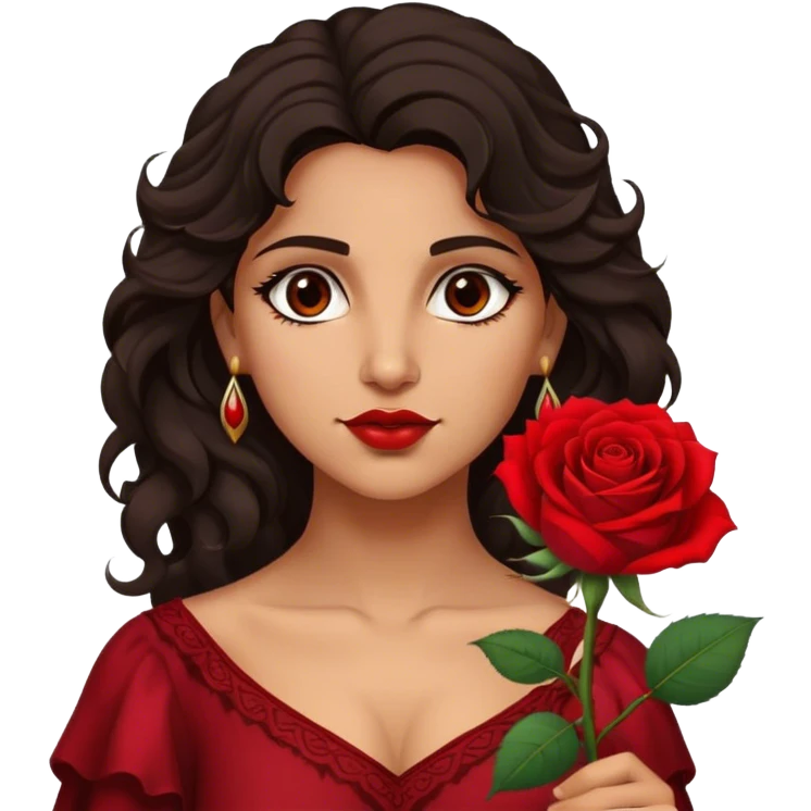 A Romani woman with dark wavy hair, a single red rose tucked behind one ear, and a confident gaze emoji