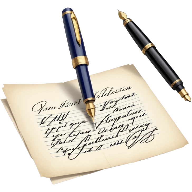 Icon for Autograph Collecting: a signature on a piece of paper with a vintage fountain pen beside it, and a collection of autographed photos or memorabilia in the background. The icon should convey the passion for collecting famous signatures. Transparent background. emoji