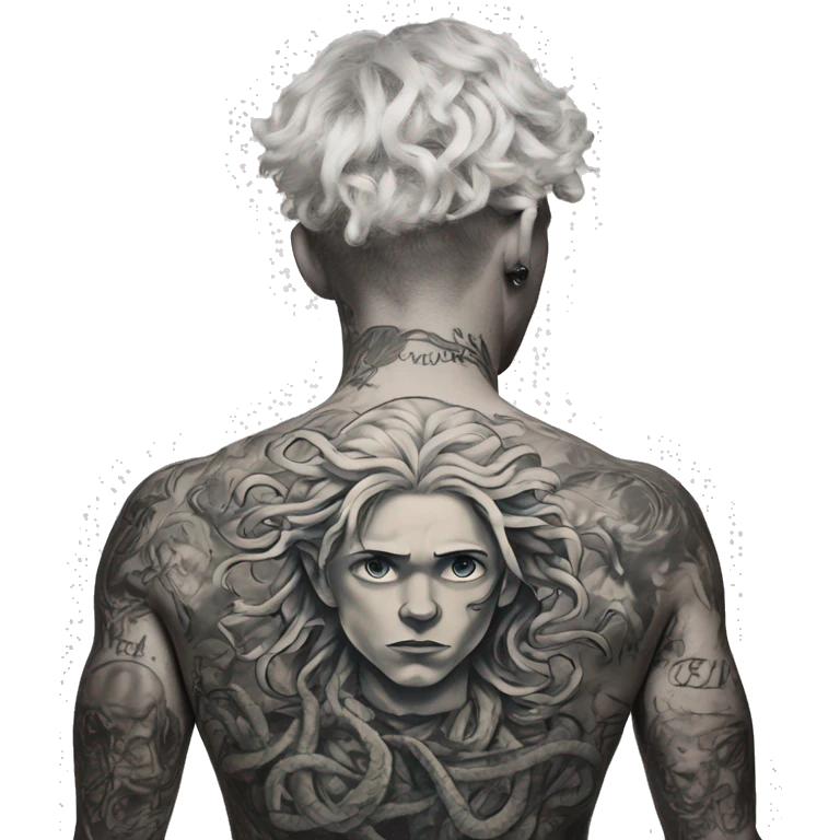 Inked white Boy with back piece tattoo of Medusa  emoji