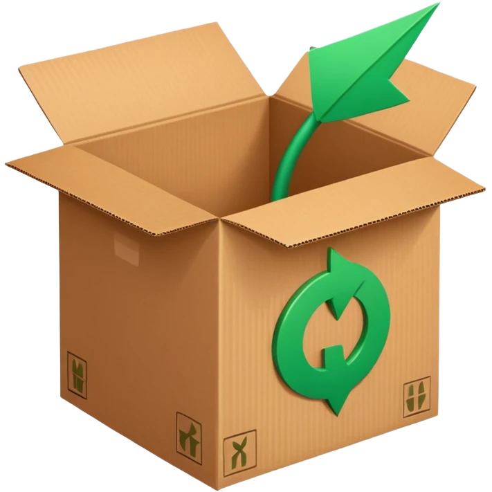 closed cardboard box with a circular arrow and a green checkmark inside the arrow, positioned above the box in the upper right corner emoji