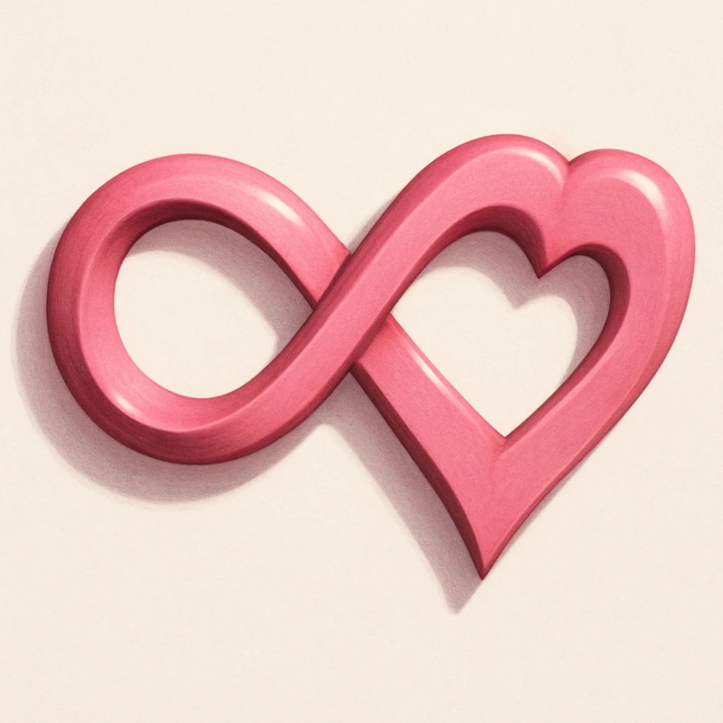 A pink infinity sign with pronounced, dramatic shadows and highlights, the heart merged into the lower right curve of the infinity, making it look like the heart is a natural extension of the symbol. emoji