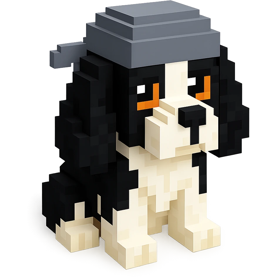 A black and white Russian Cocker Spaniel puppy wearing a gray durag, voxel style, sitting emoji