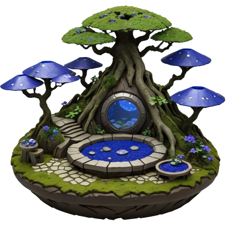 Crashed Alien saucer-castle jungle winding trail mountainside getaway haunted nighttime hobbit landscape antique mudman very old broken cracked intricate Stone Age lapis-crusted irregular dodecagon-shaped shallow dark moss rough bark violet flowered maple bonsai Saikei coffee table diorama emoji
