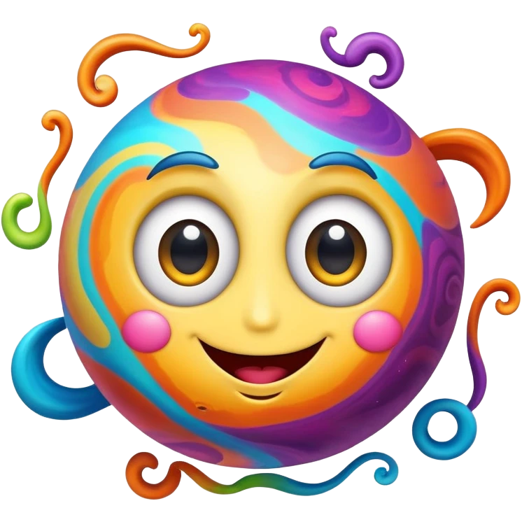 multicolored planet with swirls of bright colors and a happy smiling face with big eyes emoji