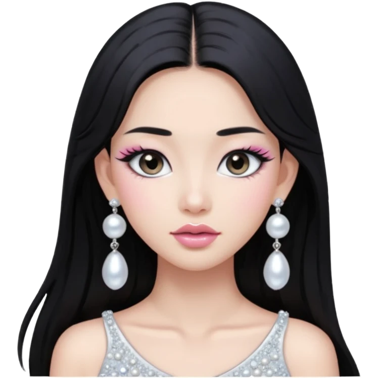 asian long black hair silver grey eyes glossy lips glittery white and light pink eyeshadow girl pearl earrings emoji