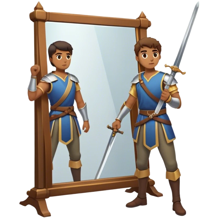 A person standing in front of a mirror, looking at their own reflection, while a sword lies on the ground beside them. The mirror represents self-awareness and acceptance, while the sword symbolizes letting go of the fight against happiness. emoji