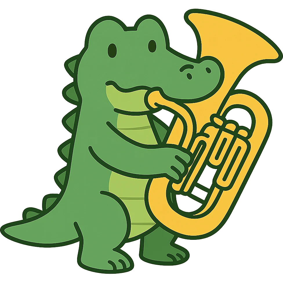 flat toon style crocodile playing a bombardino euphonium emoji