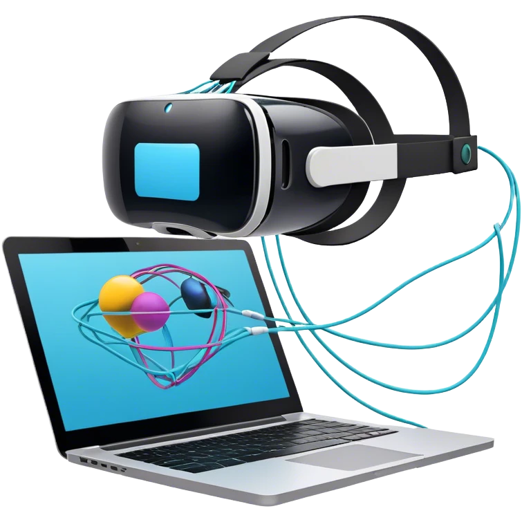 VR headset, wire connected to laptop, laptop screen showing VR/AR modeling software, floating 3D models or virtual objects, modern, tech-inspired colors, no emojis or smiley faces, transparent background. emoji